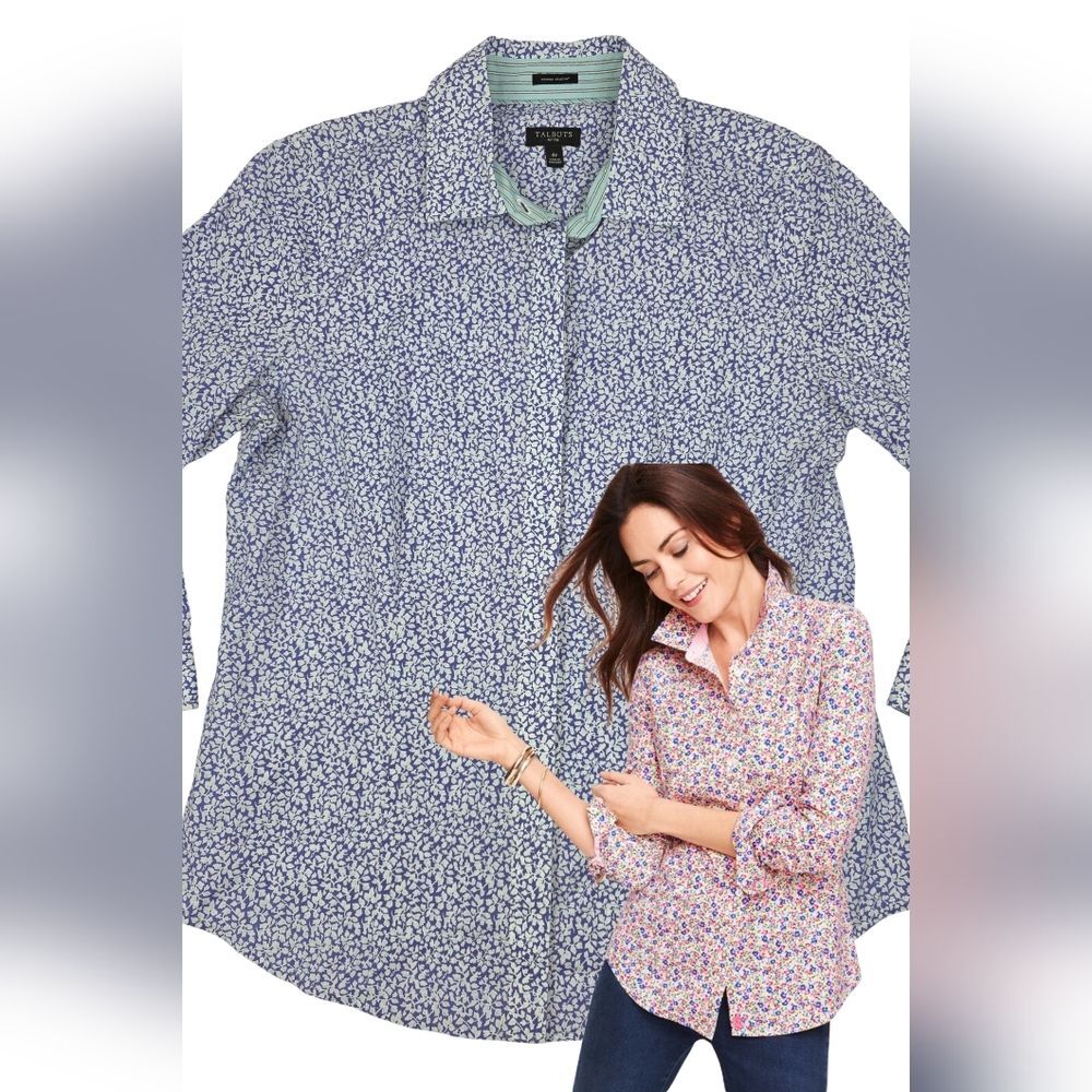 Talbots 4P Purple White Floral Button-Down Shirt W/Mint Peeking Stripe 2738-X